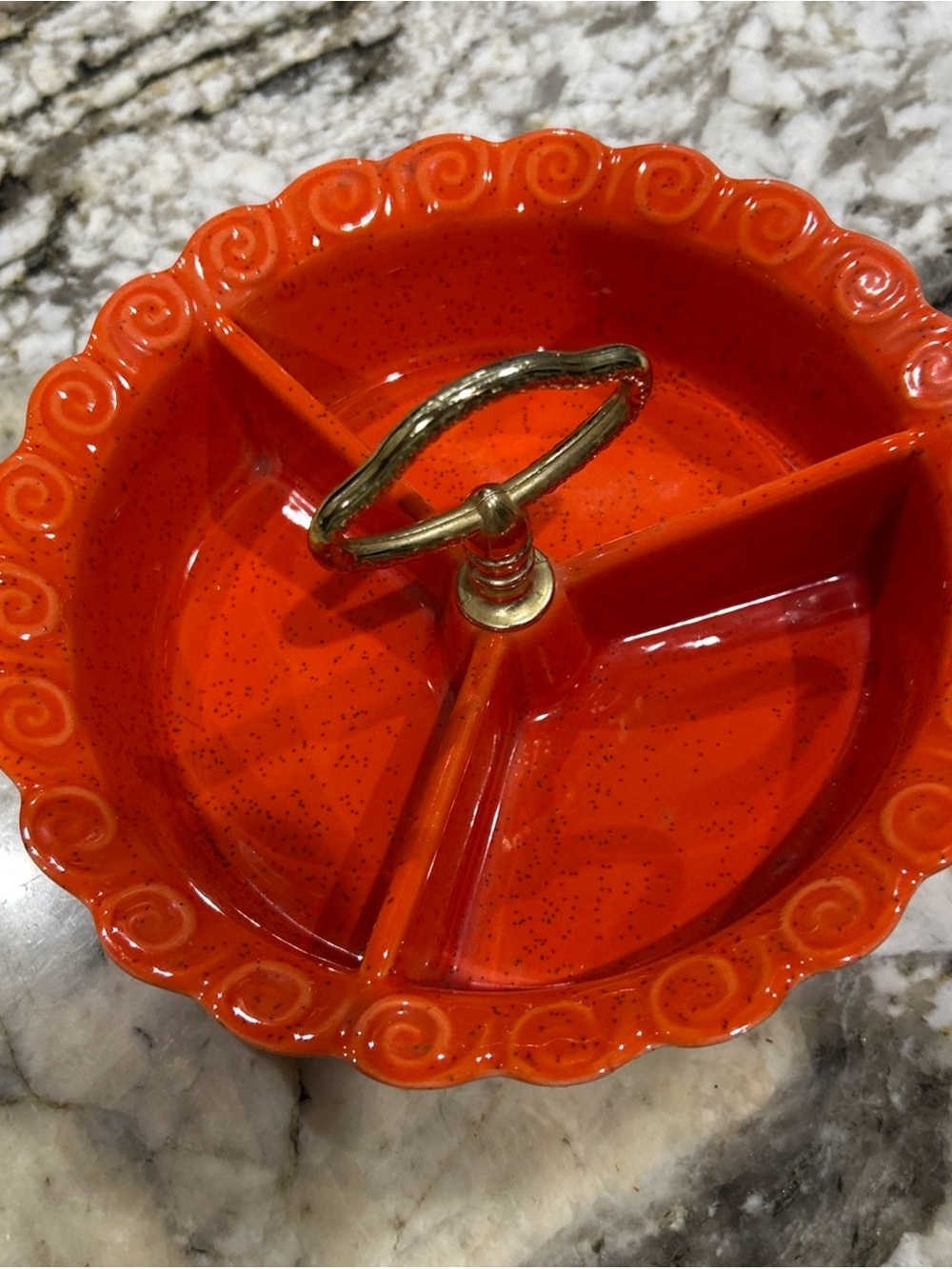 USA pottery Orange Ceramic 3-Section Serving Tray with Gold Handle MCM